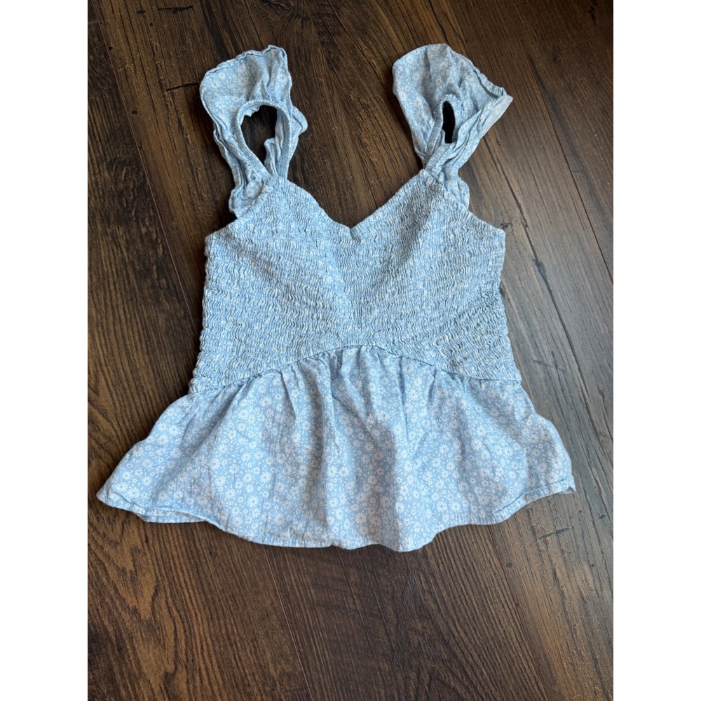Art Class Girls Blue Floral Smocked Peplum Tank Top Flutter Sleeve Size M 8 0096